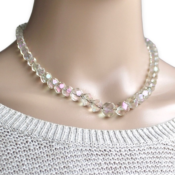 Vintage Aurora Borealis Glass Beaded Necklace Graduated Faceted Crystal Beads - Picture 1 of 4